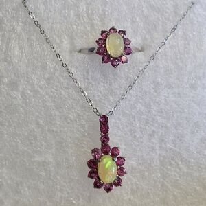 Ethiopian Welo Opal, Pure Pink Mystic Topaz, Platinum Over SS Ring And Necklace